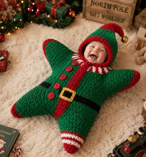 Crocheted Star-shaped Bodysuit Starfish Baby Sleeping Bag Newborn Baby Boy Girl Kids Cartoon Hooded Romper Jumpsuit Bodysuit Clothes Outfits Long Sleeve Playsuit Toddler One Piece Outfit
