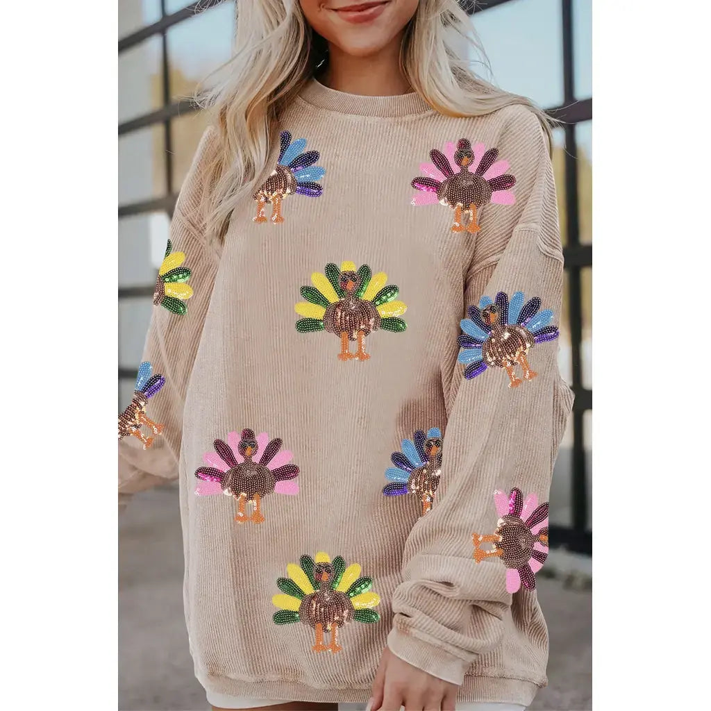 Apricot Turkey Graphic Corded Baggy Sweatshirt