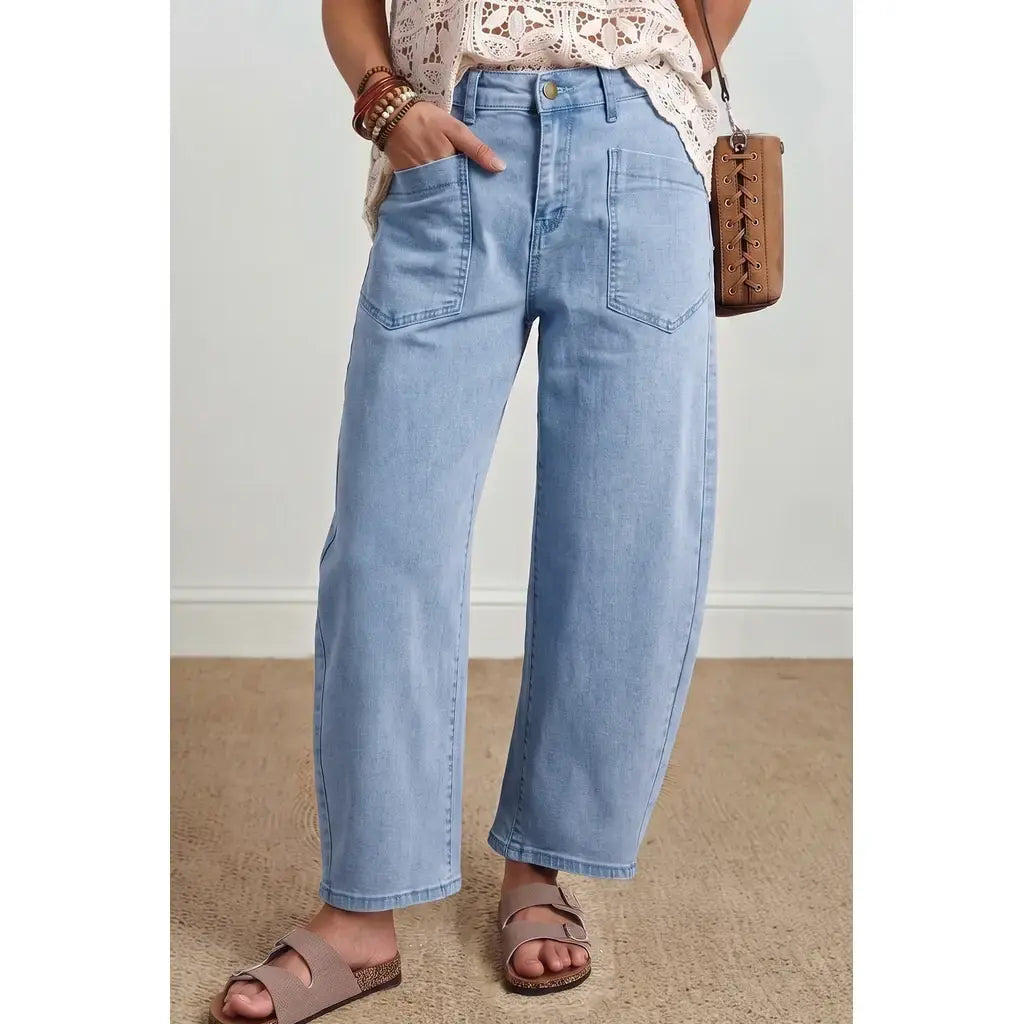 Beau Blue Solid Color Square Patch Pocket Ankle-length Barrel Jeans