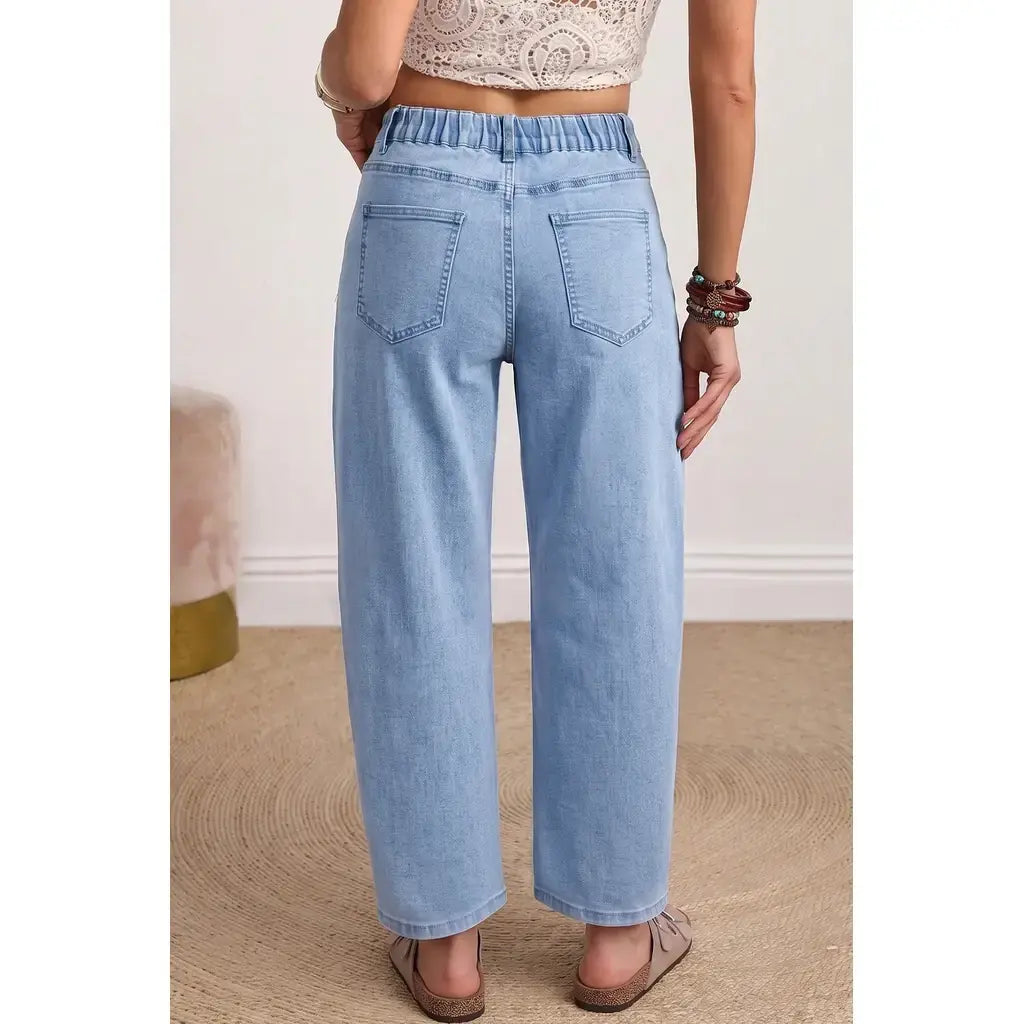 Beau Blue Solid Color Square Patch Pocket Ankle-length Barrel Jeans