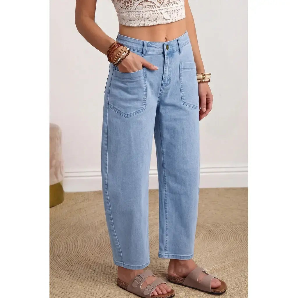 Beau Blue Solid Color Square Patch Pocket Ankle-length Barrel Jeans