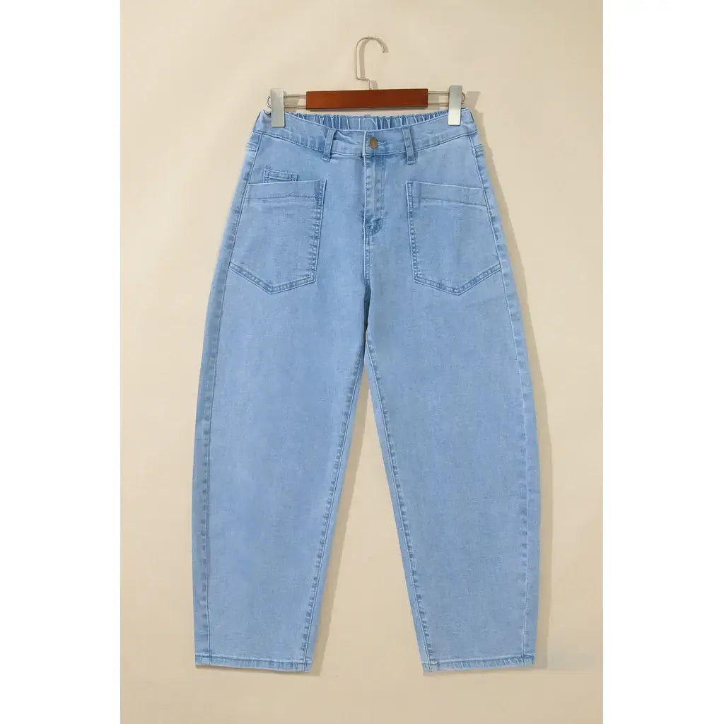 Beau Blue Solid Color Square Patch Pocket Ankle-length Barrel Jeans