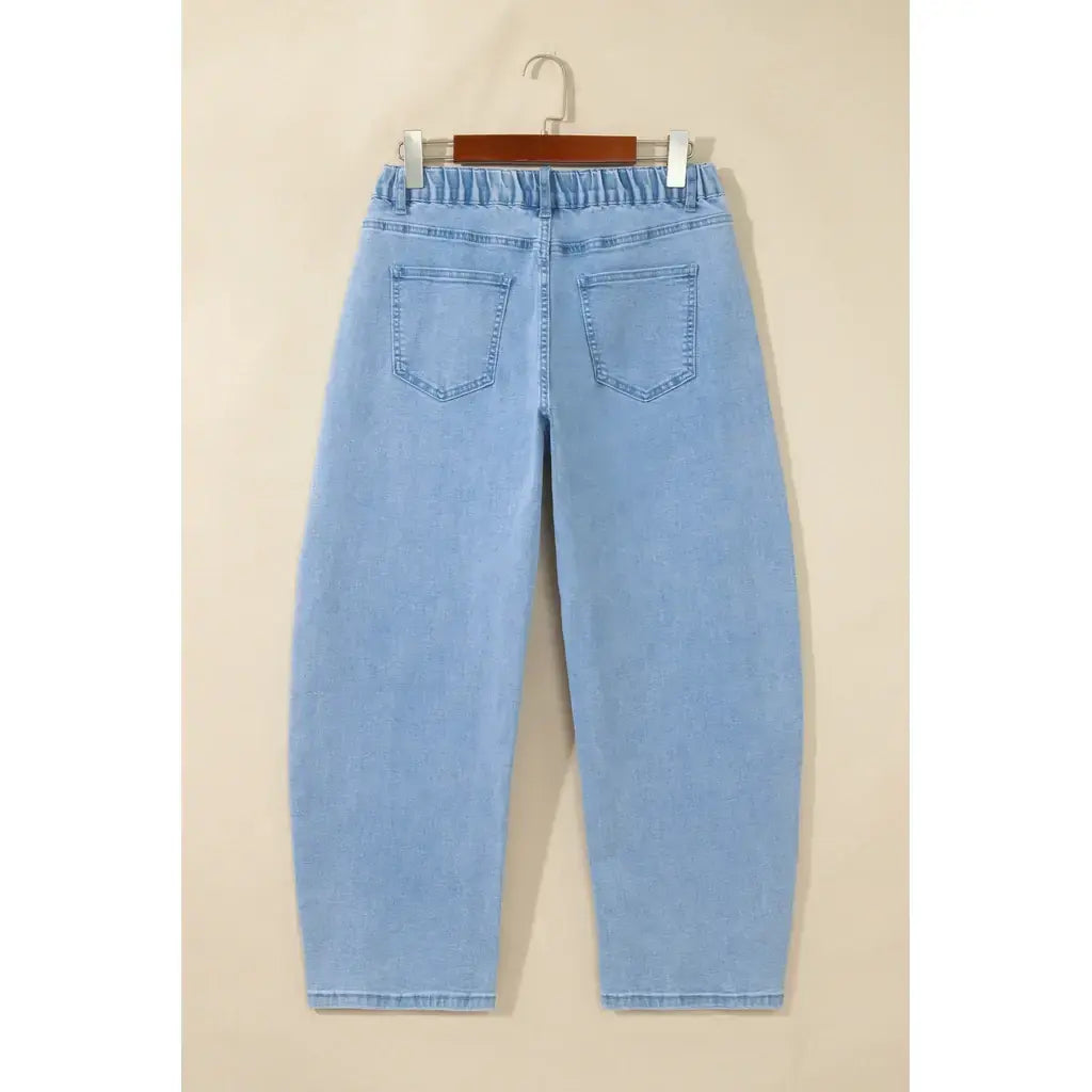 Beau Blue Solid Color Square Patch Pocket Ankle-length Barrel Jeans