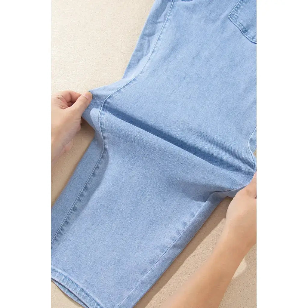 Beau Blue Solid Color Square Patch Pocket Ankle-length Barrel Jeans