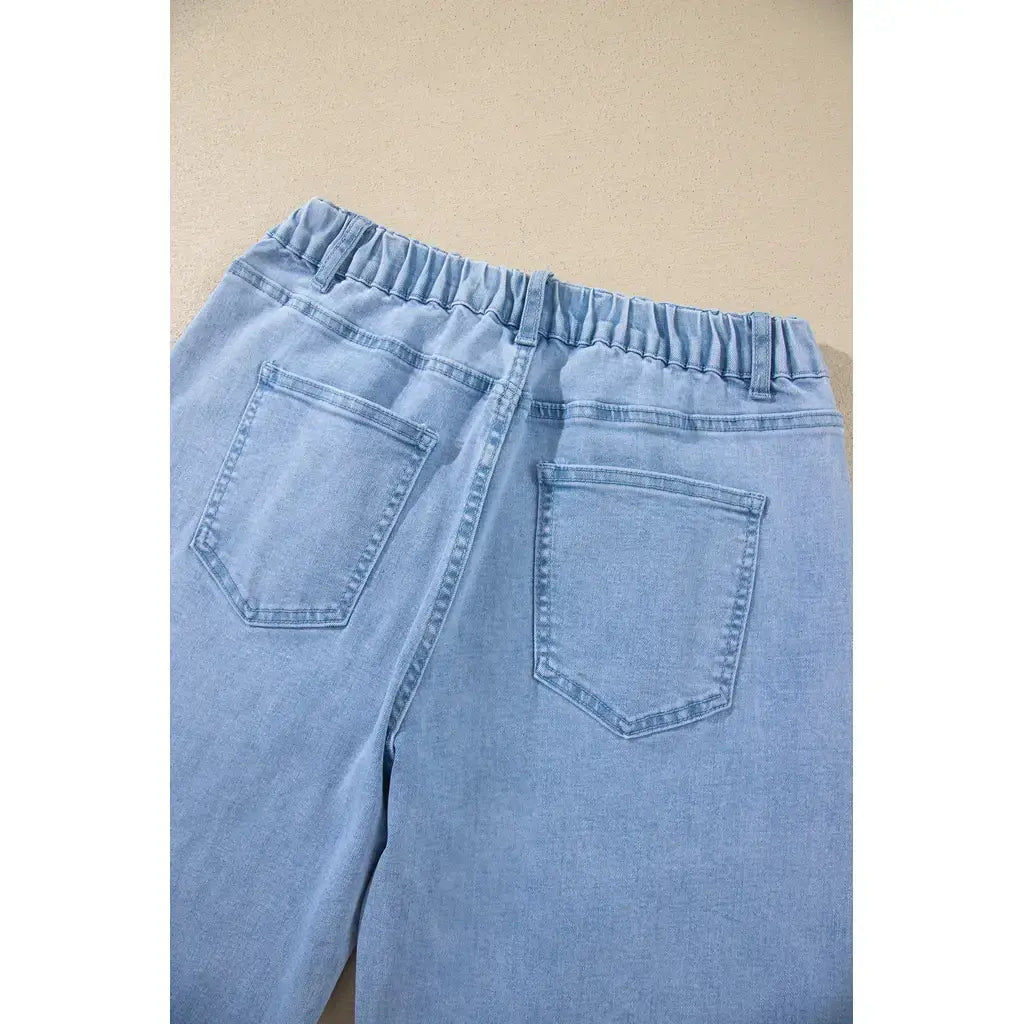 Beau Blue Solid Color Square Patch Pocket Ankle-length Barrel Jeans