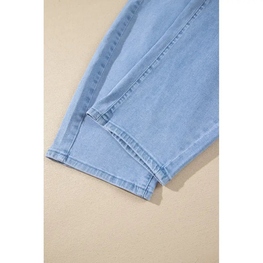 Beau Blue Solid Color Square Patch Pocket Ankle-length Barrel Jeans