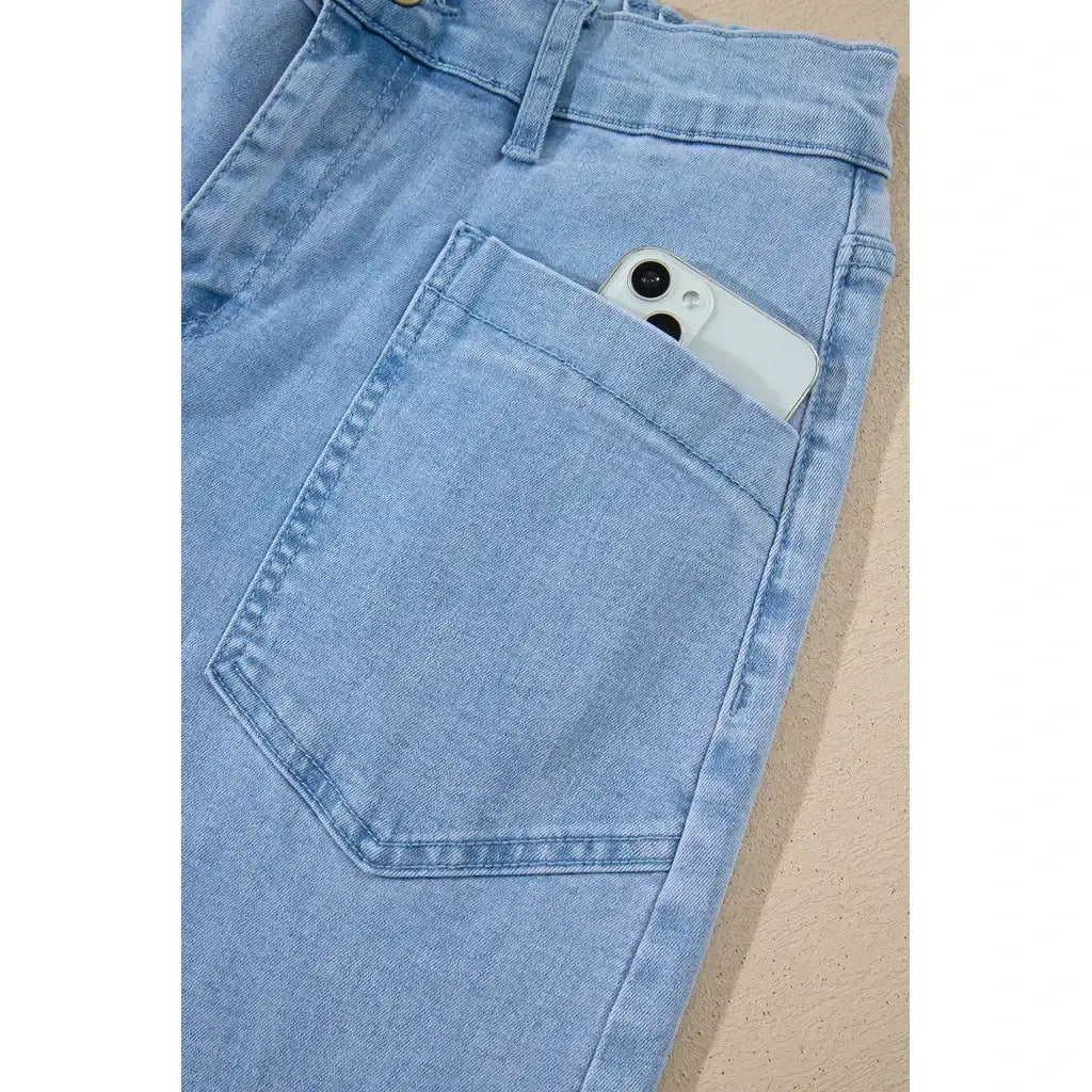 Beau Blue Solid Color Square Patch Pocket Ankle-length Barrel Jeans