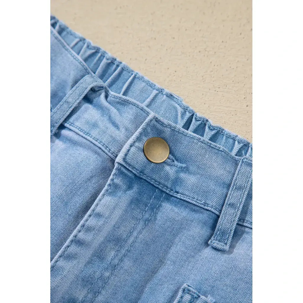 Beau Blue Solid Color Square Patch Pocket Ankle-length Barrel Jeans