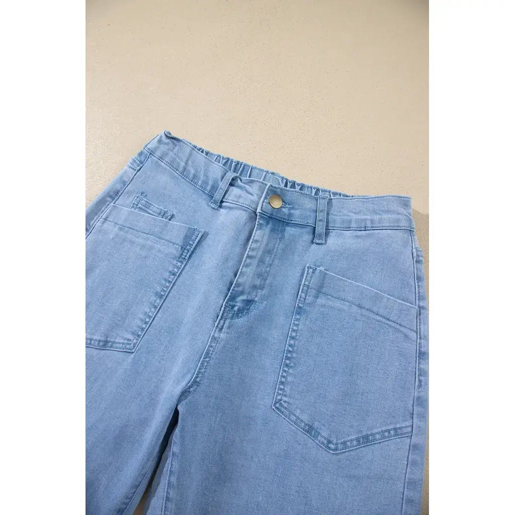 Beau Blue Solid Color Square Patch Pocket Ankle-length Barrel Jeans