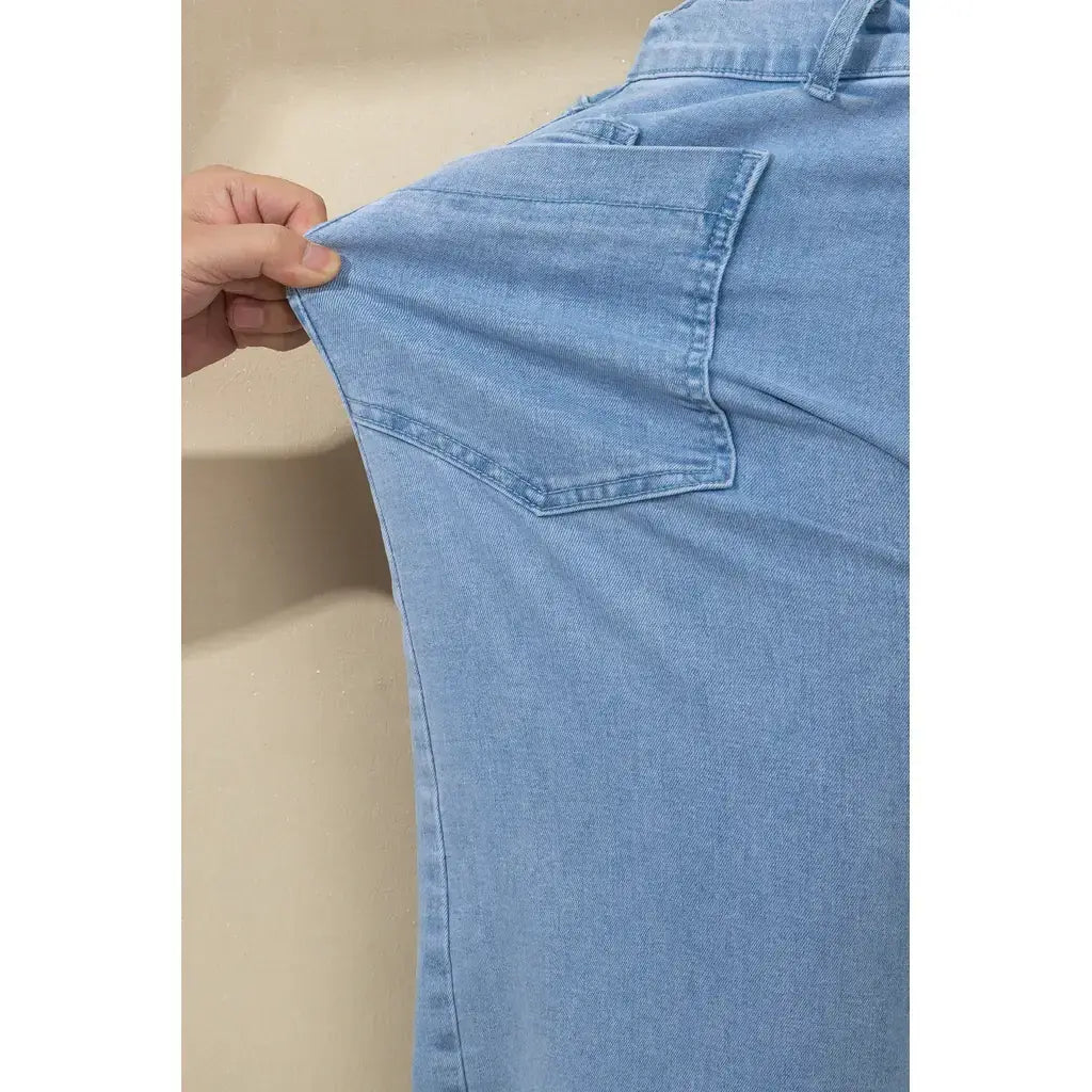 Beau Blue Solid Color Square Patch Pocket Ankle-length Barrel Jeans