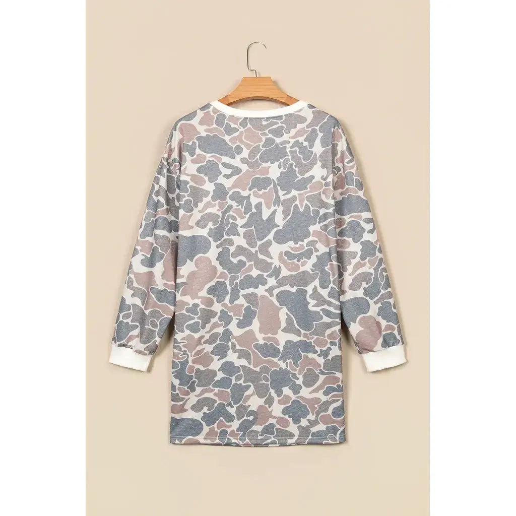 Beige Botanical Camo Print Long Sleeve Pocket Mini Dress