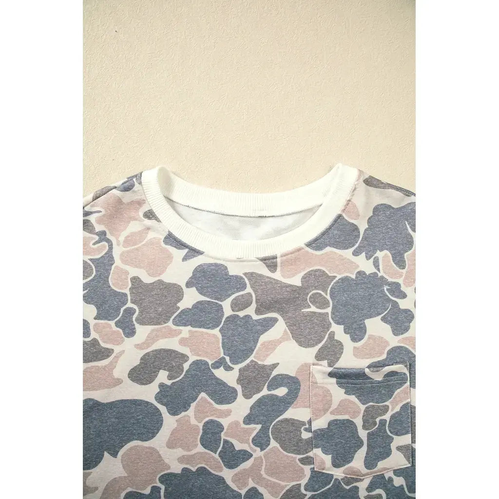 Beige Botanical Camo Print Long Sleeve Pocket Mini Dress