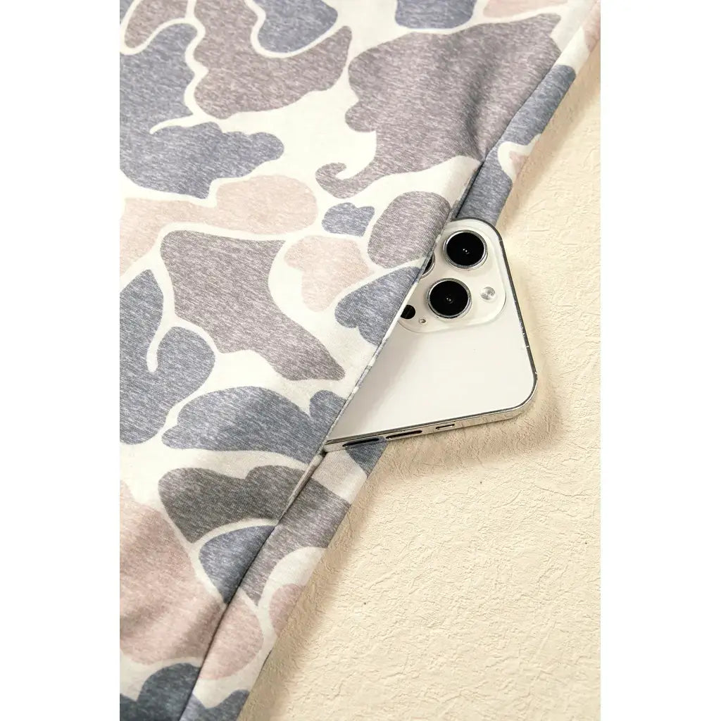 Beige Botanical Camo Print Long Sleeve Pocket Mini Dress