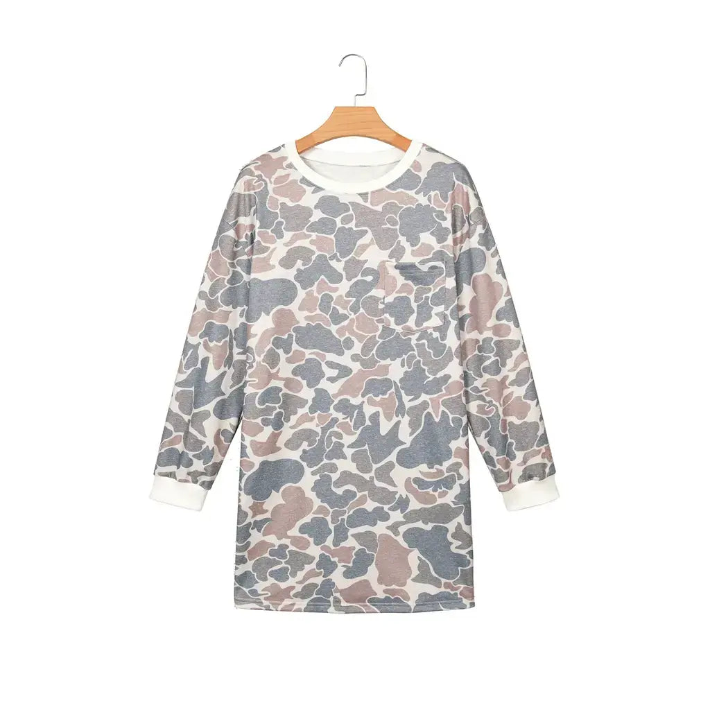 Beige Botanical Camo Print Long Sleeve Pocket Mini Dress