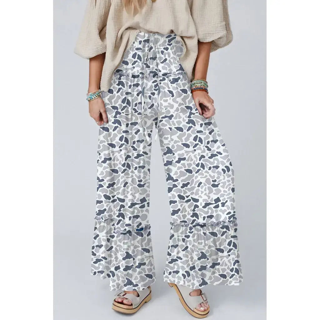 Beige Camo Print Wide Leg Casual Pants