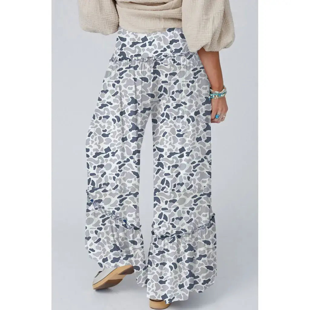 Beige Camo Print Wide Leg Casual Pants