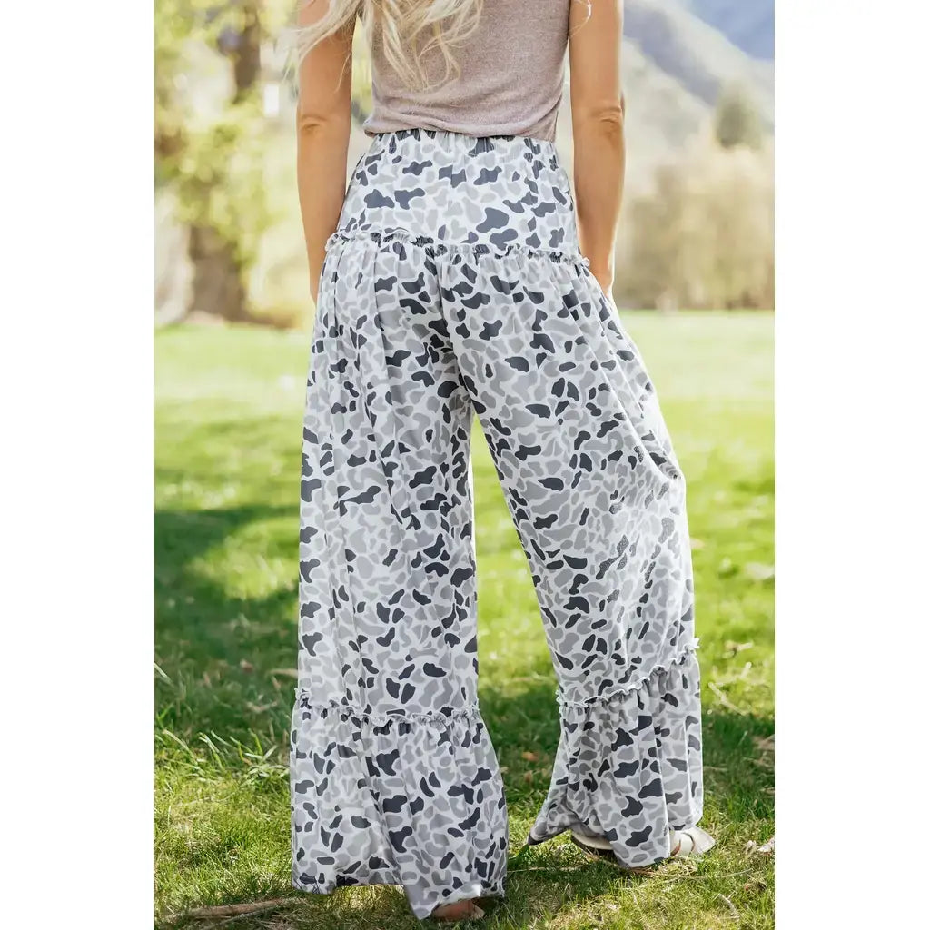 Beige Camo Print Wide Leg Casual Pants