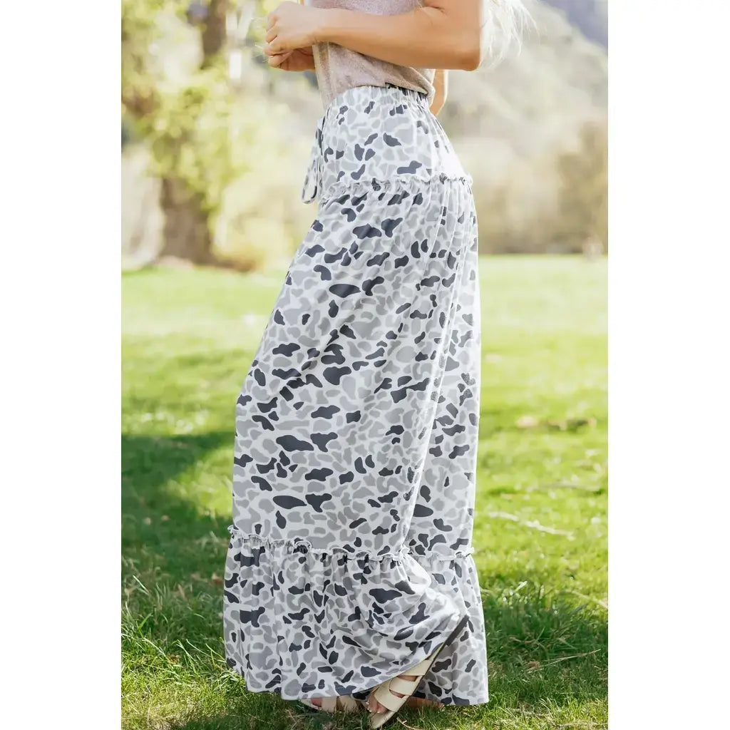 Beige Camo Print Wide Leg Casual Pants