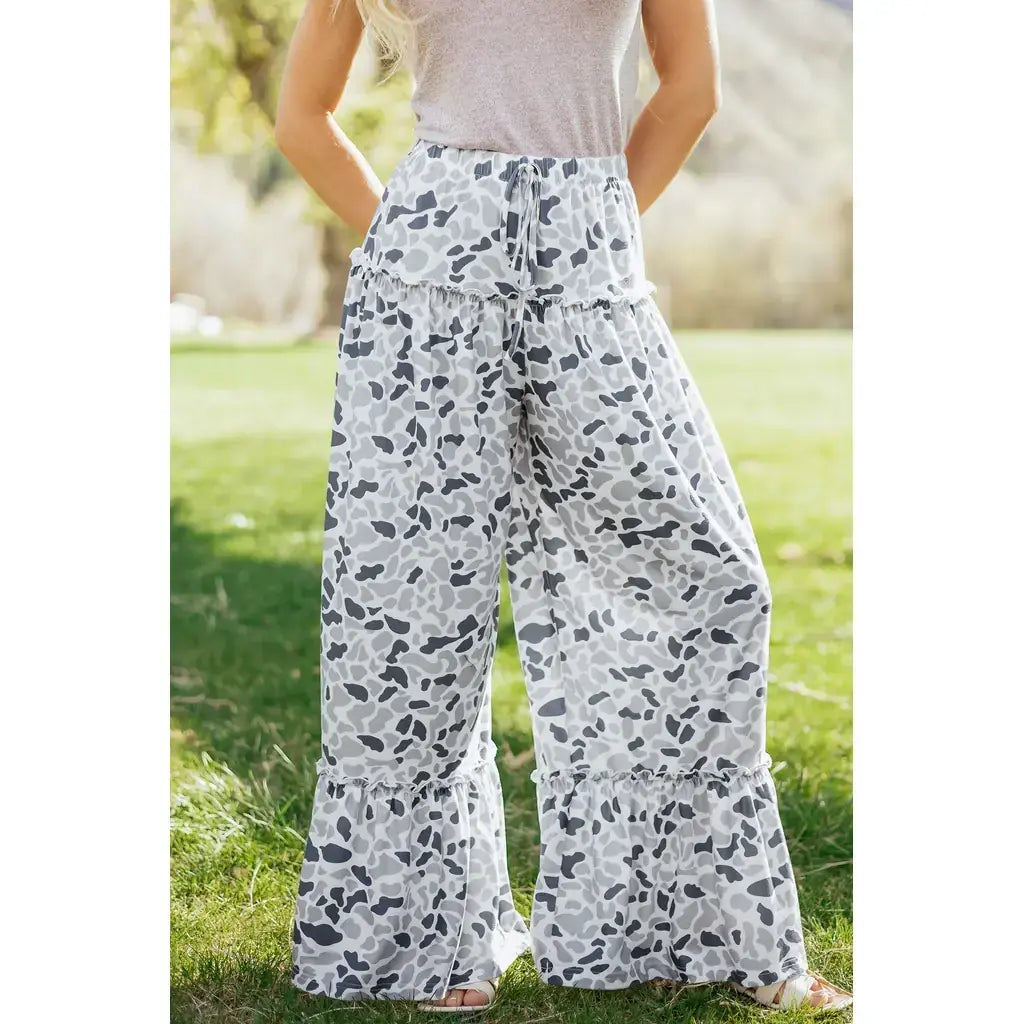 Beige Camo Print Wide Leg Casual Pants