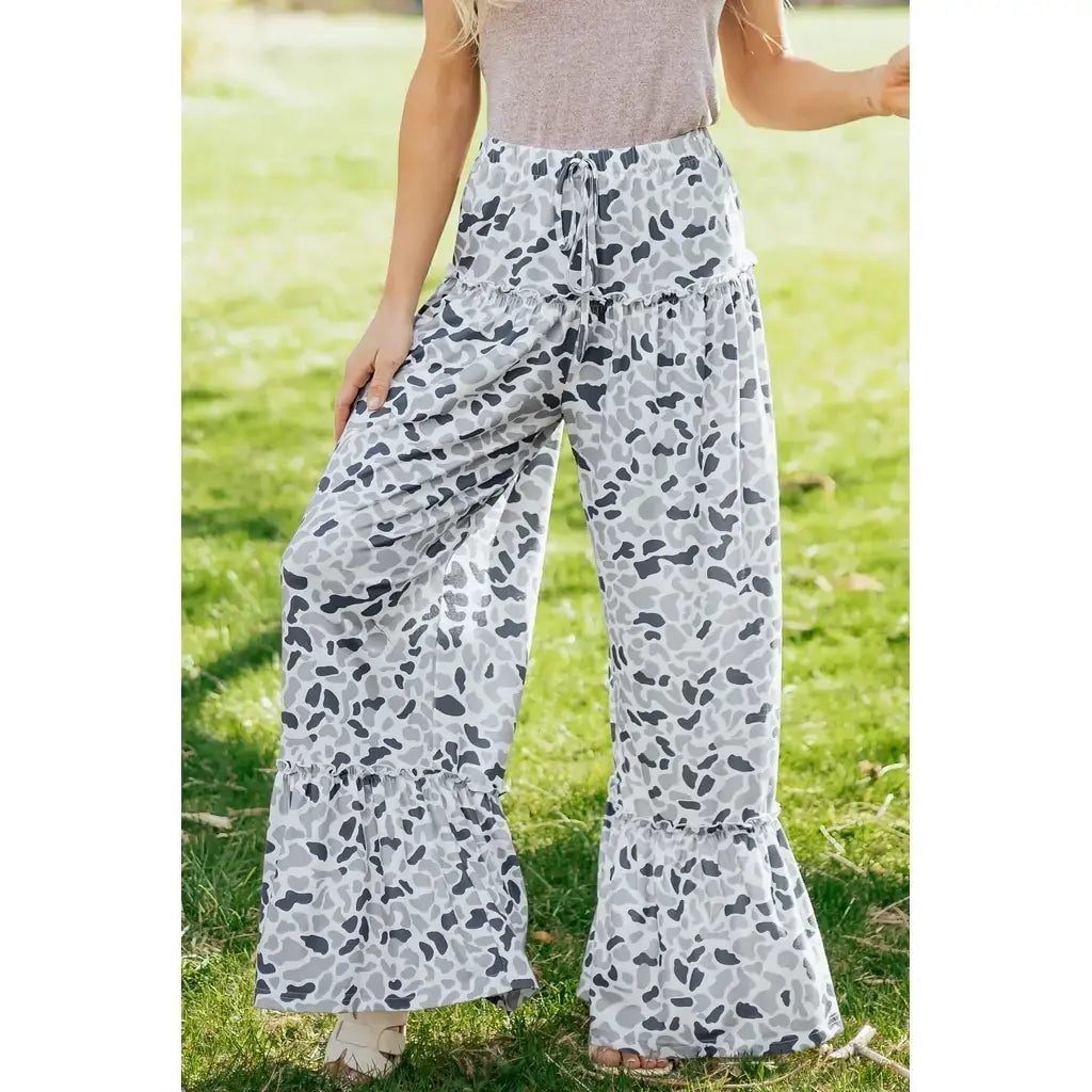 Beige Camo Print Wide Leg Casual Pants