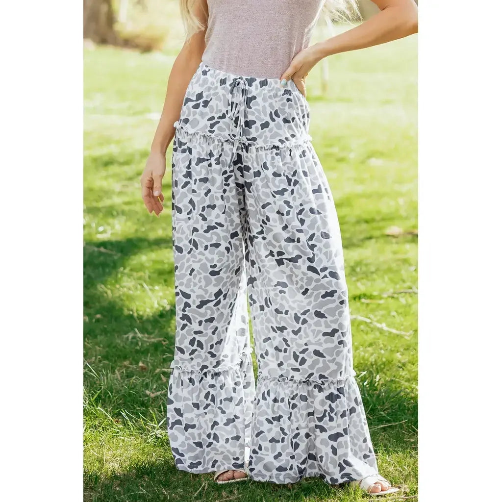 Beige Camo Print Wide Leg Casual Pants