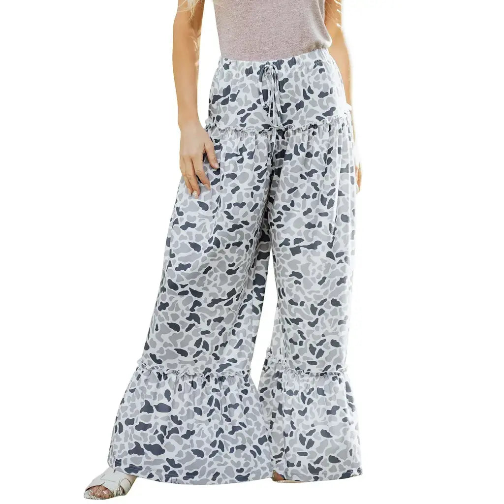 Beige Camo Print Wide Leg Casual Pants