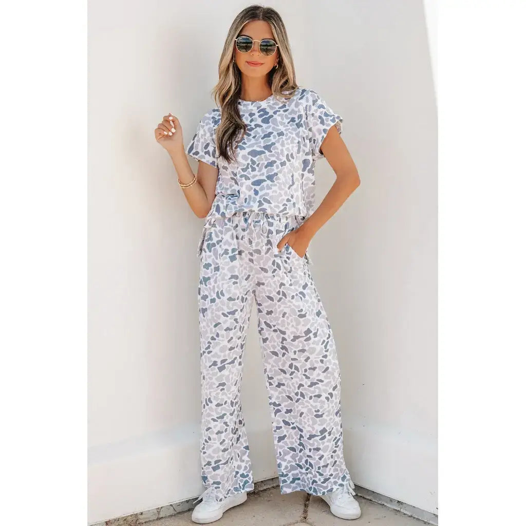 Beige Camouflage Print Twisted Rib Loose Tee Drawstring Pants Set