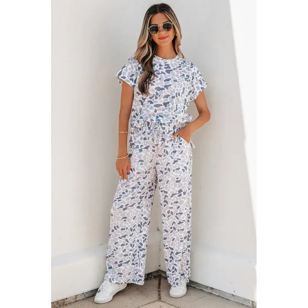Beige Camouflage Print Twisted Rib Loose Tee Drawstring Pants Set