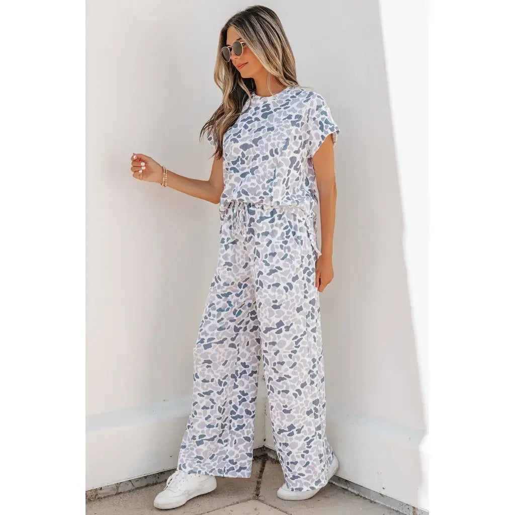 Beige Camouflage Print Twisted Rib Loose Tee Drawstring Pants Set