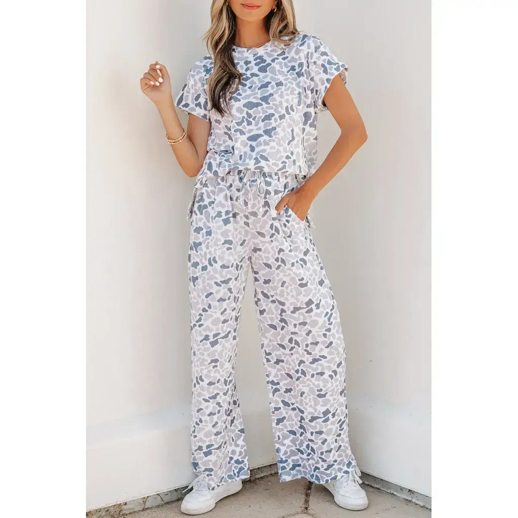 Beige Camouflage Print Twisted Rib Loose Tee Drawstring Pants Set