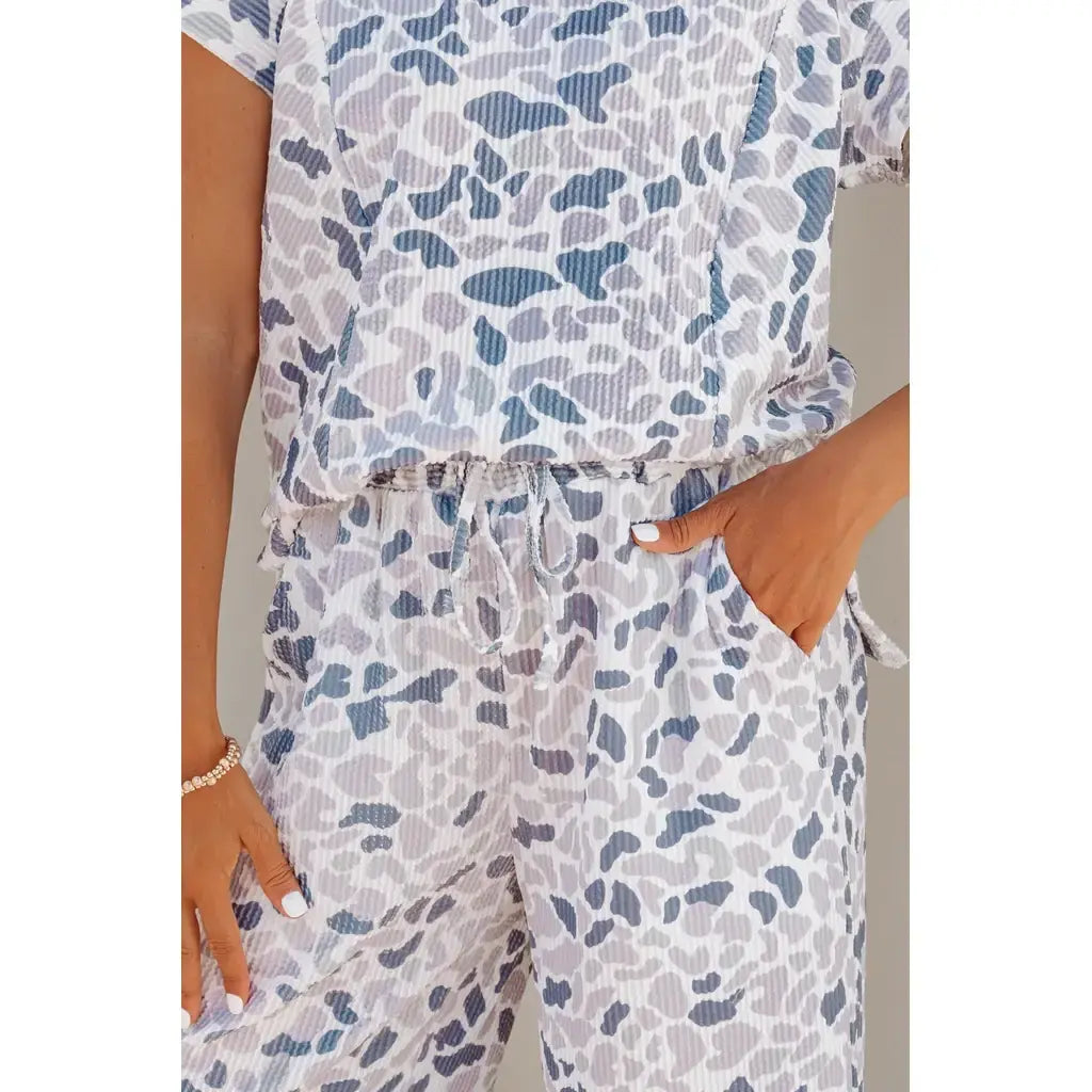 Beige Camouflage Print Twisted Rib Loose Tee Drawstring Pants Set