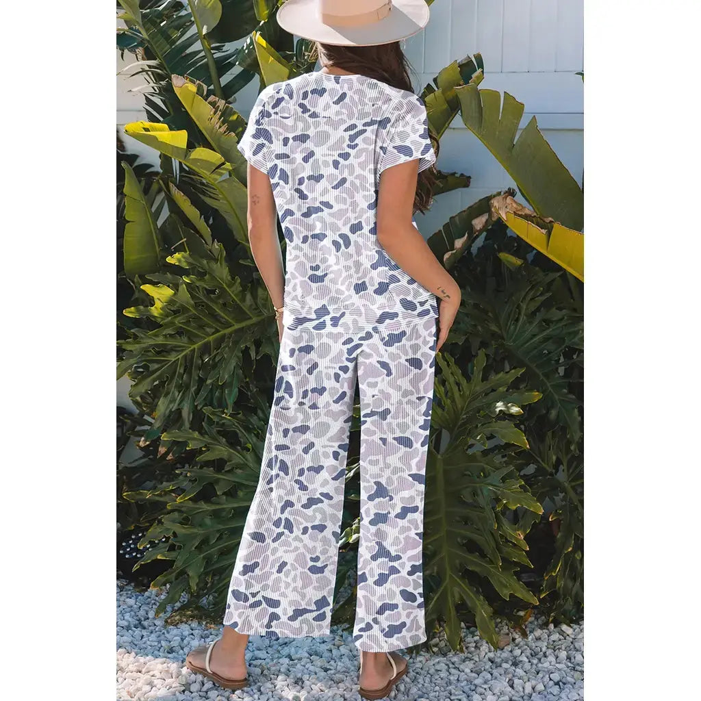 Beige Camouflage Print Twisted Rib Loose Tee Drawstring Pants Set