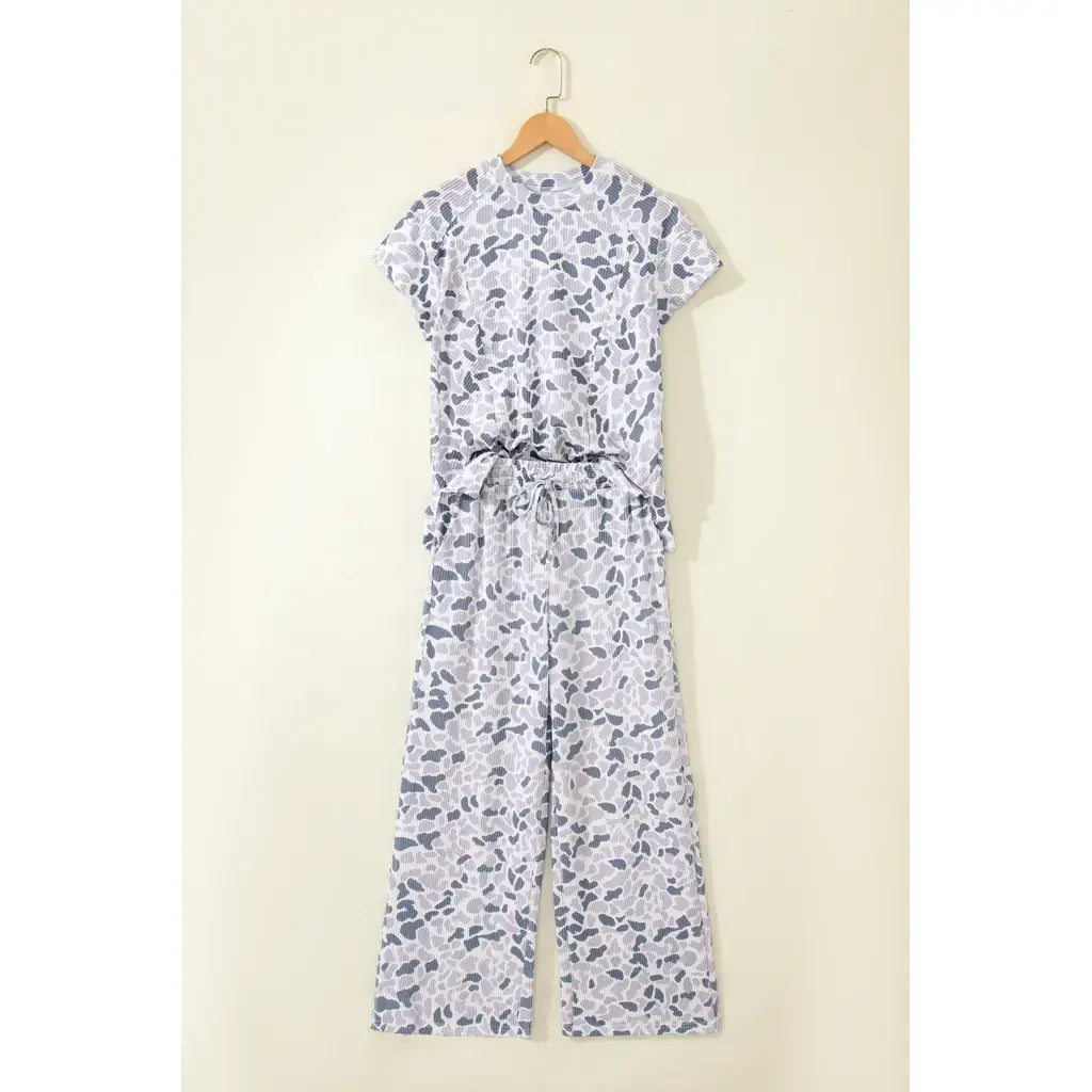 Beige Camouflage Print Twisted Rib Loose Tee Drawstring Pants Set