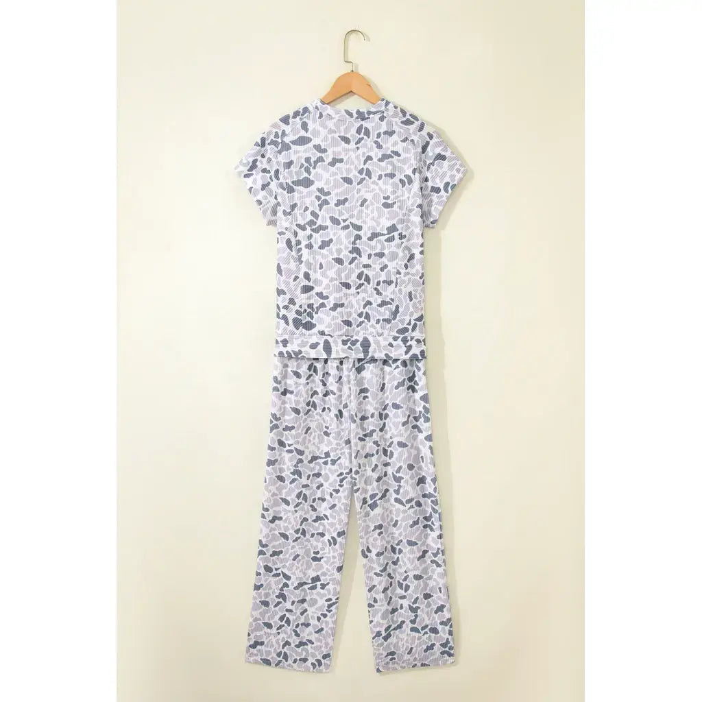 Beige Camouflage Print Twisted Rib Loose Tee Drawstring Pants Set