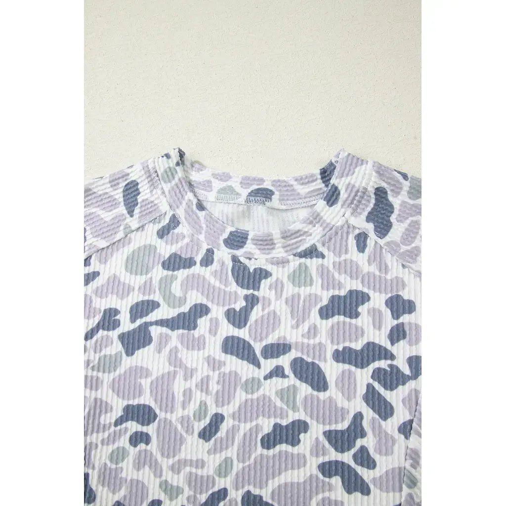 Beige Camouflage Print Twisted Rib Loose Tee Drawstring Pants Set