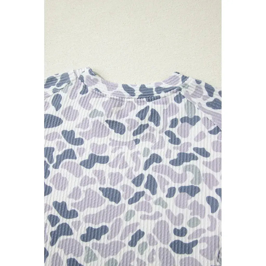 Beige Camouflage Print Twisted Rib Loose Tee Drawstring Pants Set