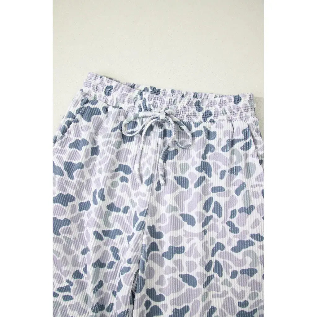 Beige Camouflage Print Twisted Rib Loose Tee Drawstring Pants Set