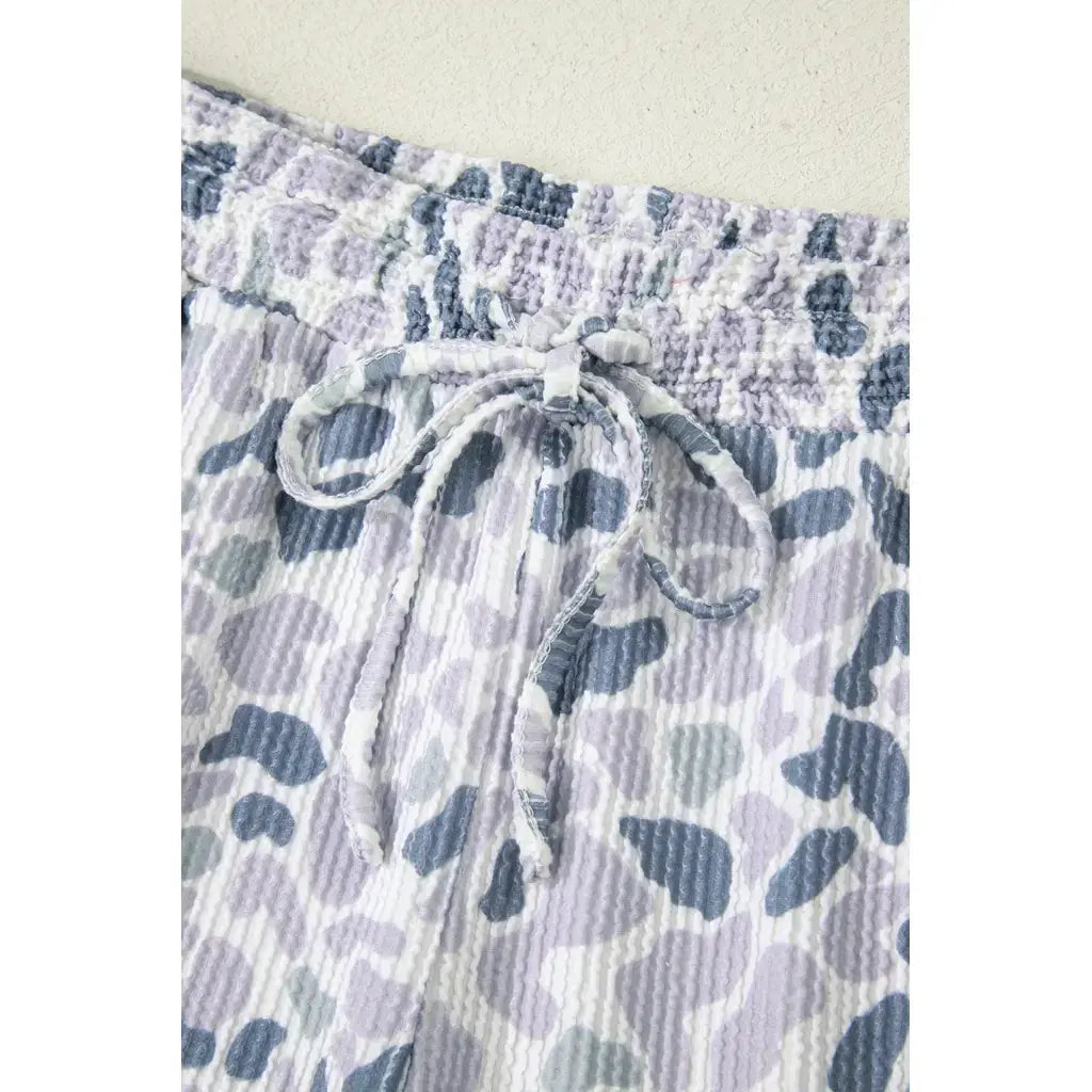 Beige Camouflage Print Twisted Rib Loose Tee Drawstring Pants Set