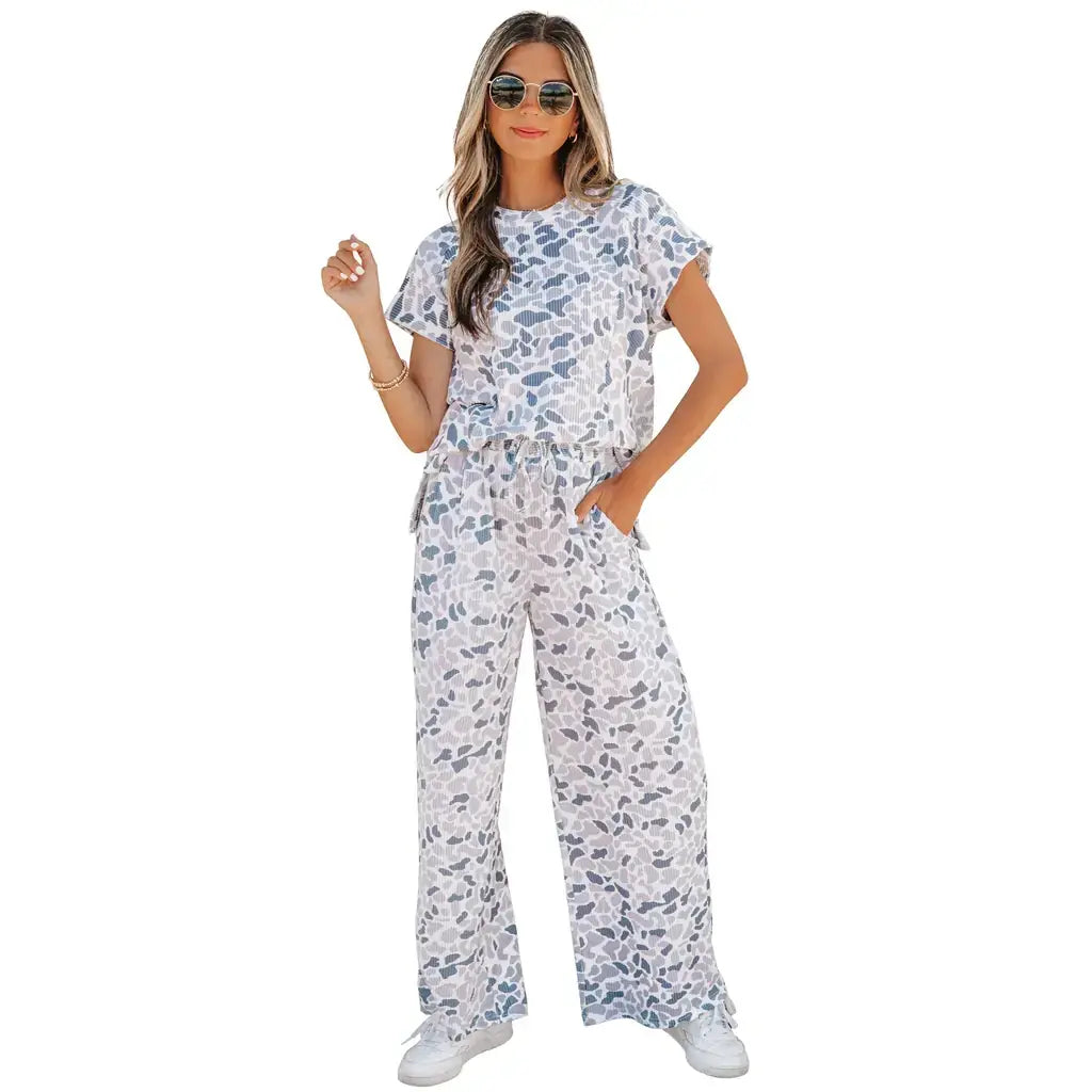 Beige Camouflage Print Twisted Rib Loose Tee Drawstring Pants Set