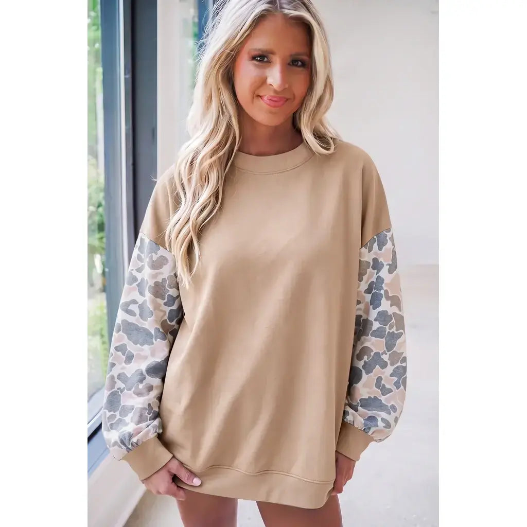 Beige Camouflage Sleeve Crewneck Baggy Pullover Sweatshirt