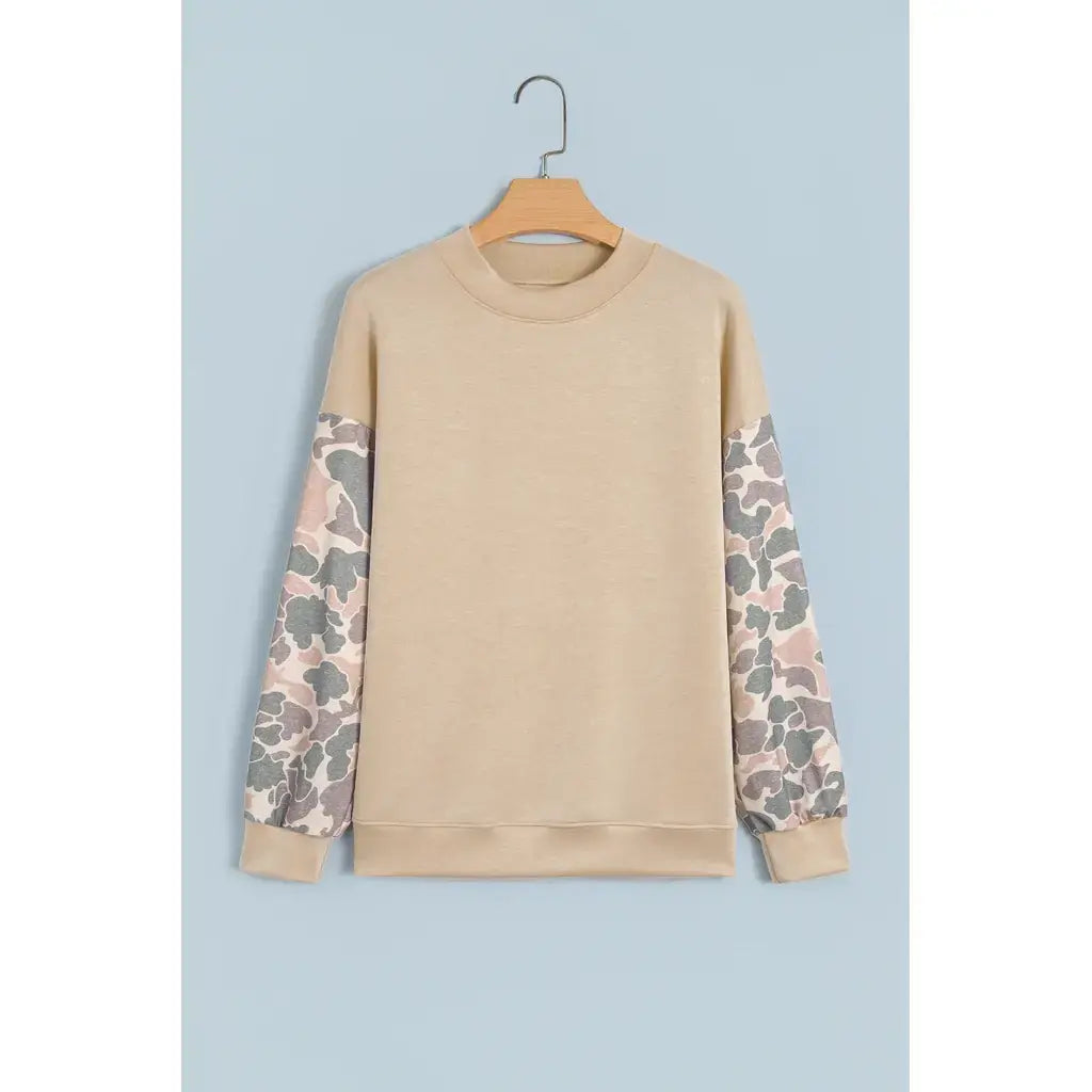 Beige Camouflage Sleeve Crewneck Baggy Pullover Sweatshirt