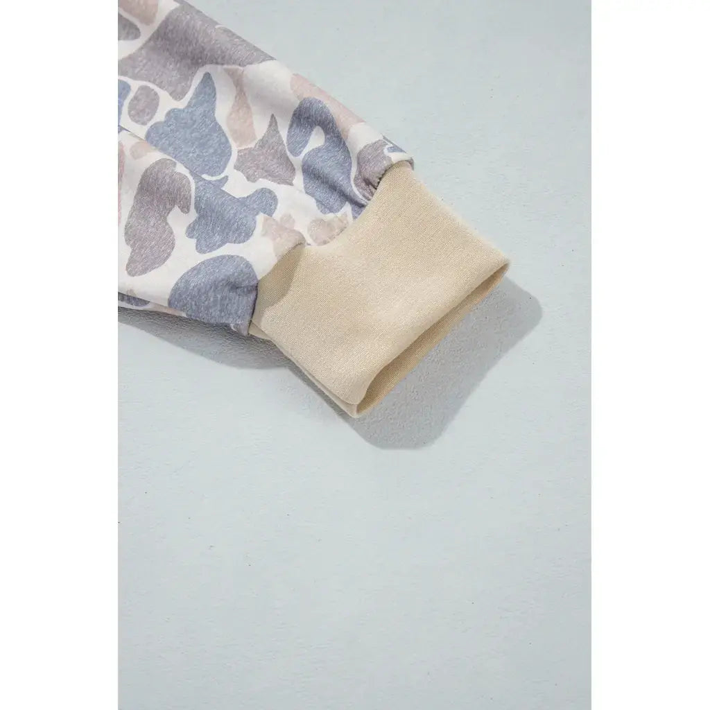 Beige Camouflage Sleeve Crewneck Baggy Pullover Sweatshirt