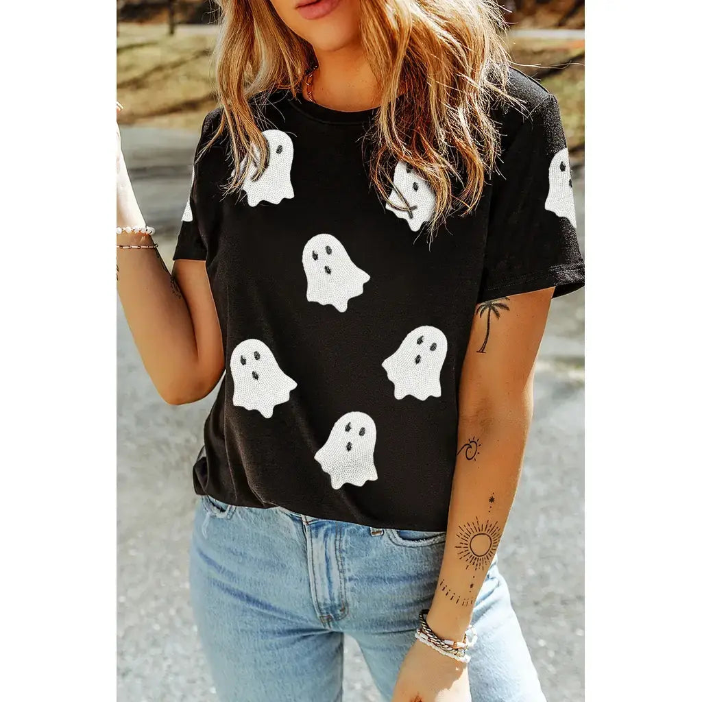 Black Sequin Halloween Ghost Patched Casual T Shirt