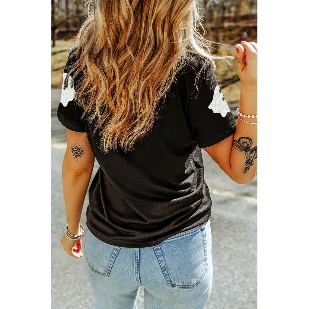 Black Sequin Halloween Ghost Patched Casual T Shirt