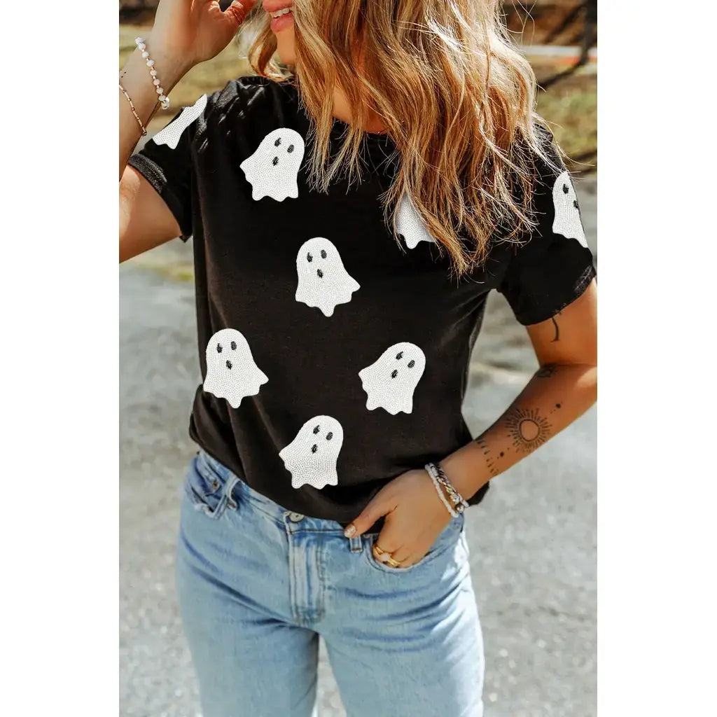 Black Sequin Halloween Ghost Patched Casual T Shirt