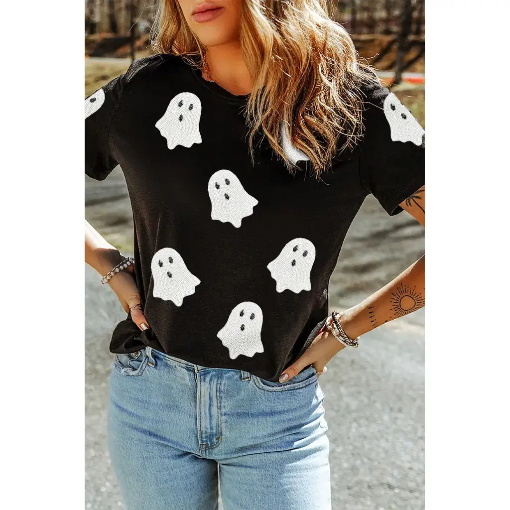 Black Sequin Halloween Ghost Patched Casual T Shirt