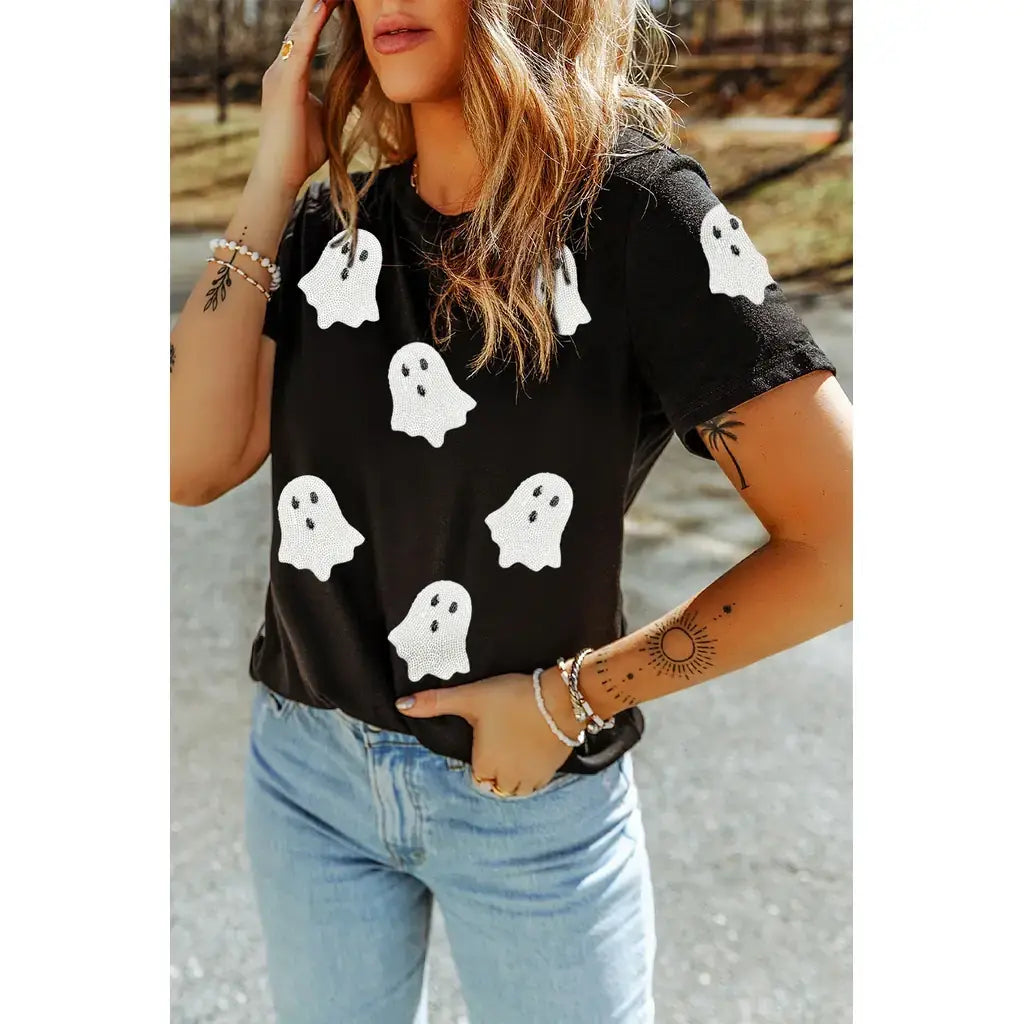 Black Sequin Halloween Ghost Patched Casual T Shirt