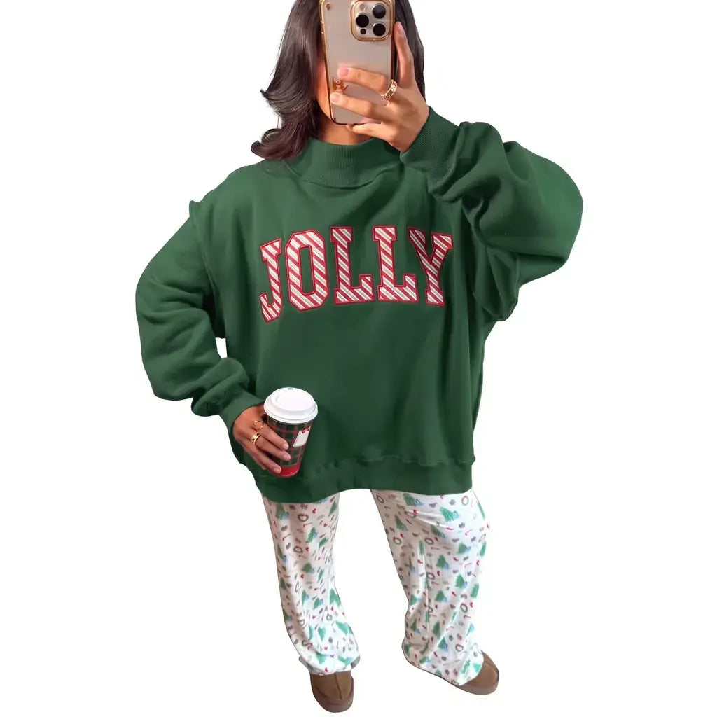 Blackish Green MERRY Embroidered Letter High Neck Tunic Pullover Sweatshirt