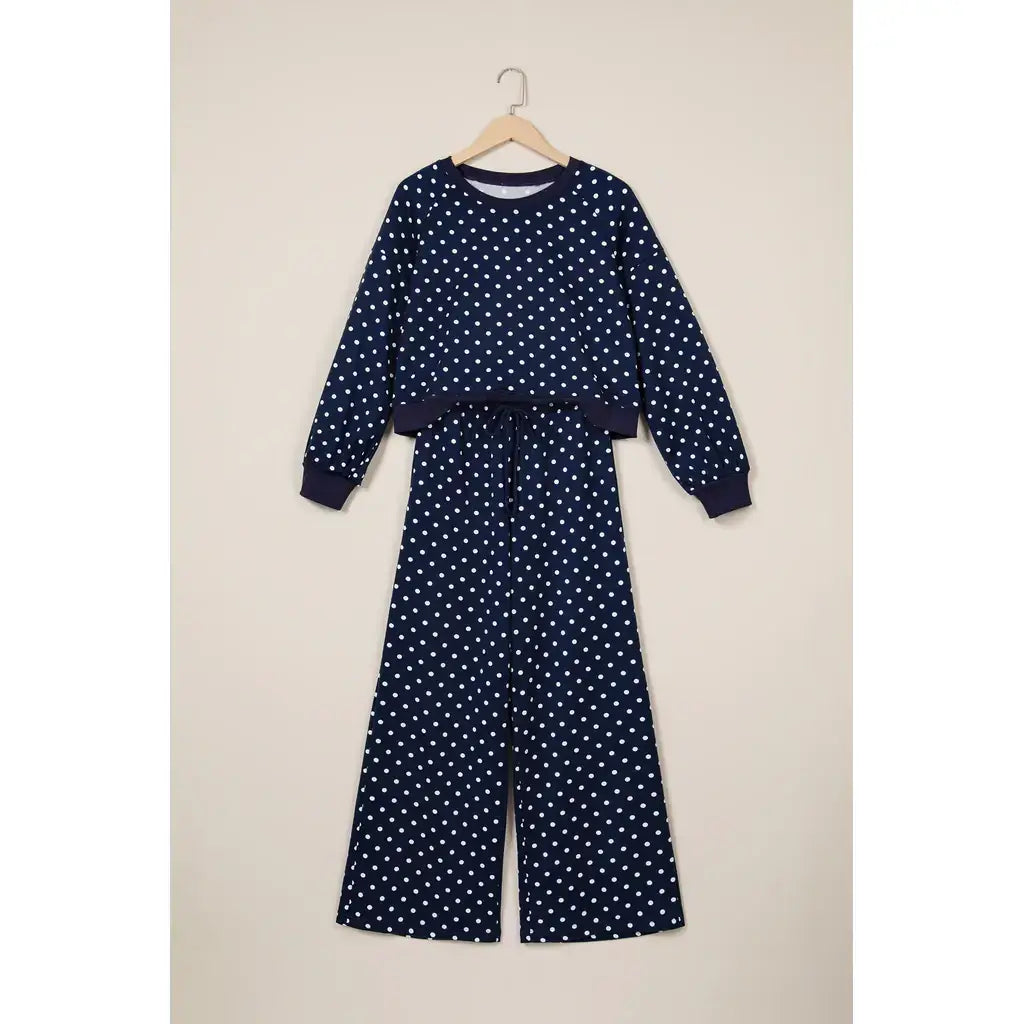 Blue Polka Dot Drawstring Wide Leg Long Sleeve Top Pant Set