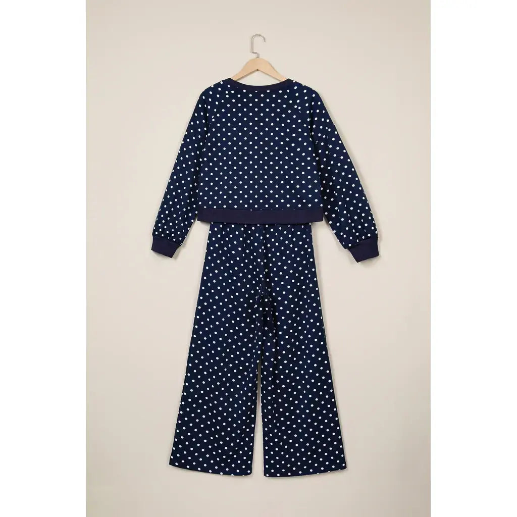 Blue Polka Dot Drawstring Wide Leg Long Sleeve Top Pant Set